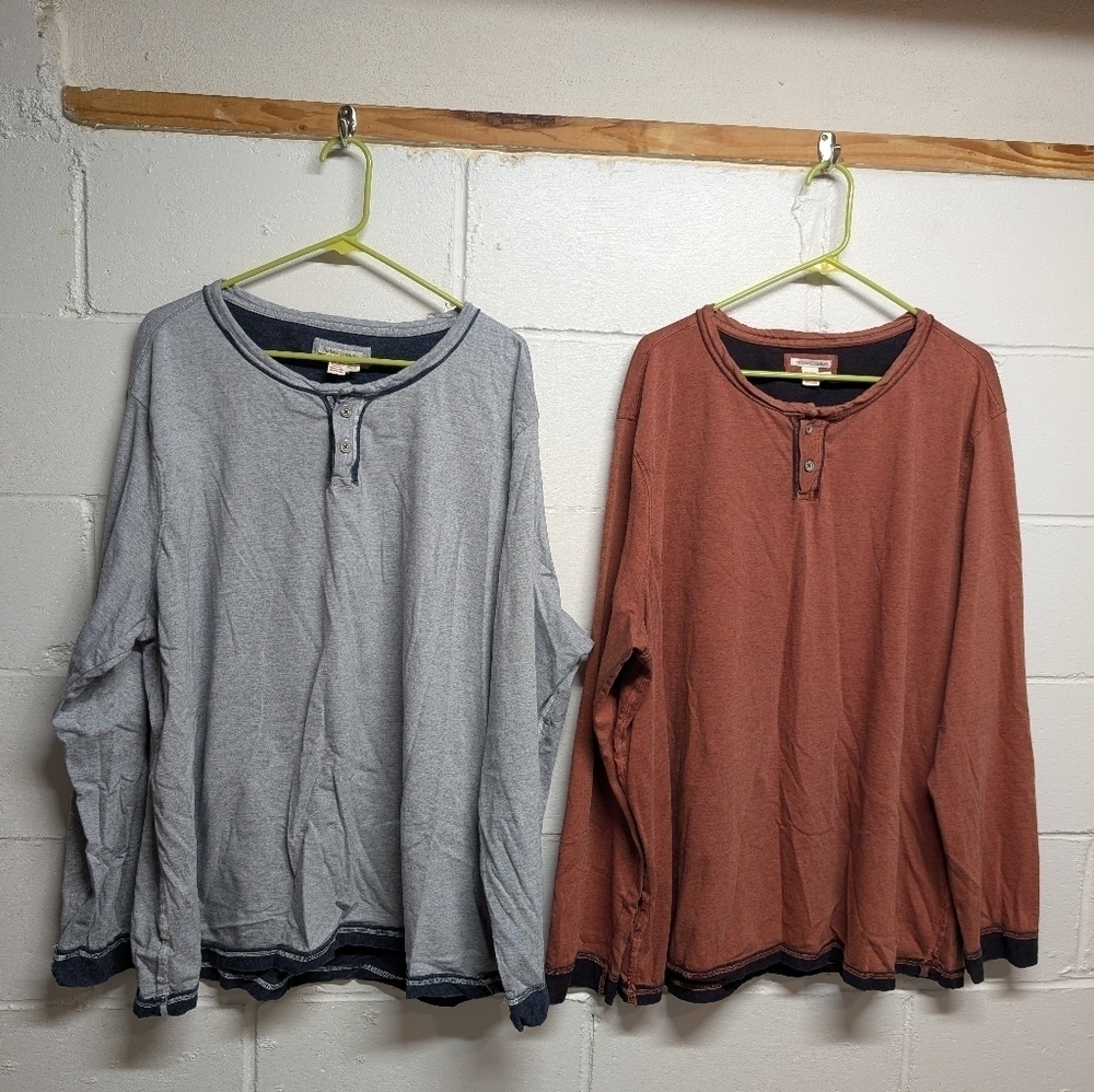 carbon2cobalt Mens 2 Long Sleeve Henley Shirts XXLT Gray and Rust Orange